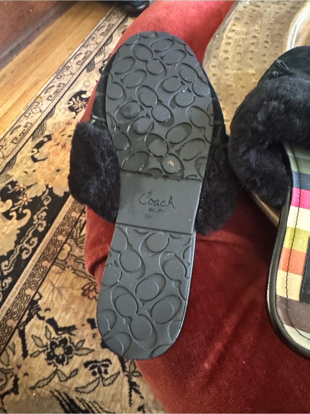 Coach Black Signature Logo Shearling Slide Slippers with Striped Insole - Picture 4 of 5